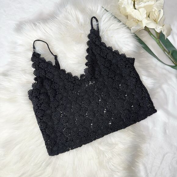 H&M Medium Black Lace Crop Tank Bralette Cami Floral Crochet Boho Coquette - Picture 1 of 7